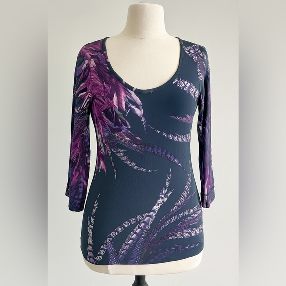 Just Cavalli Top 3/4 Sleeve Feathers Print Jersey Purple Vintage Y2K Size M - Picture 1 of 4
